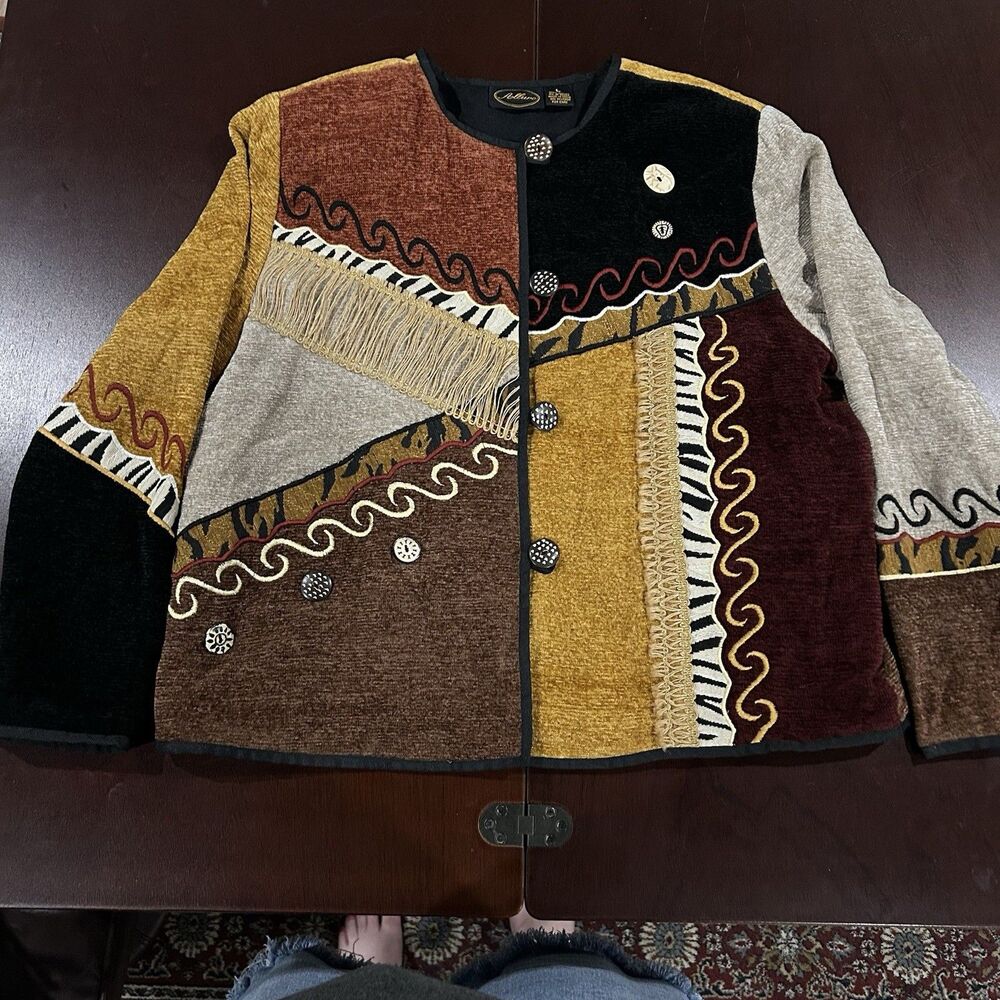 Vtg 90s Allure Knit Patchwork Sweater Jacket Arts… - image 1